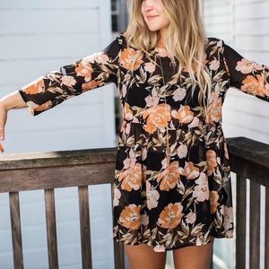Sheer Quarter Length Sleeve Floral Babydoll Tunic